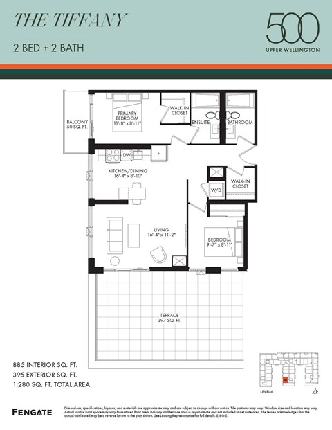 Floor plan for 2 beds, 2 baths, 885 sqft